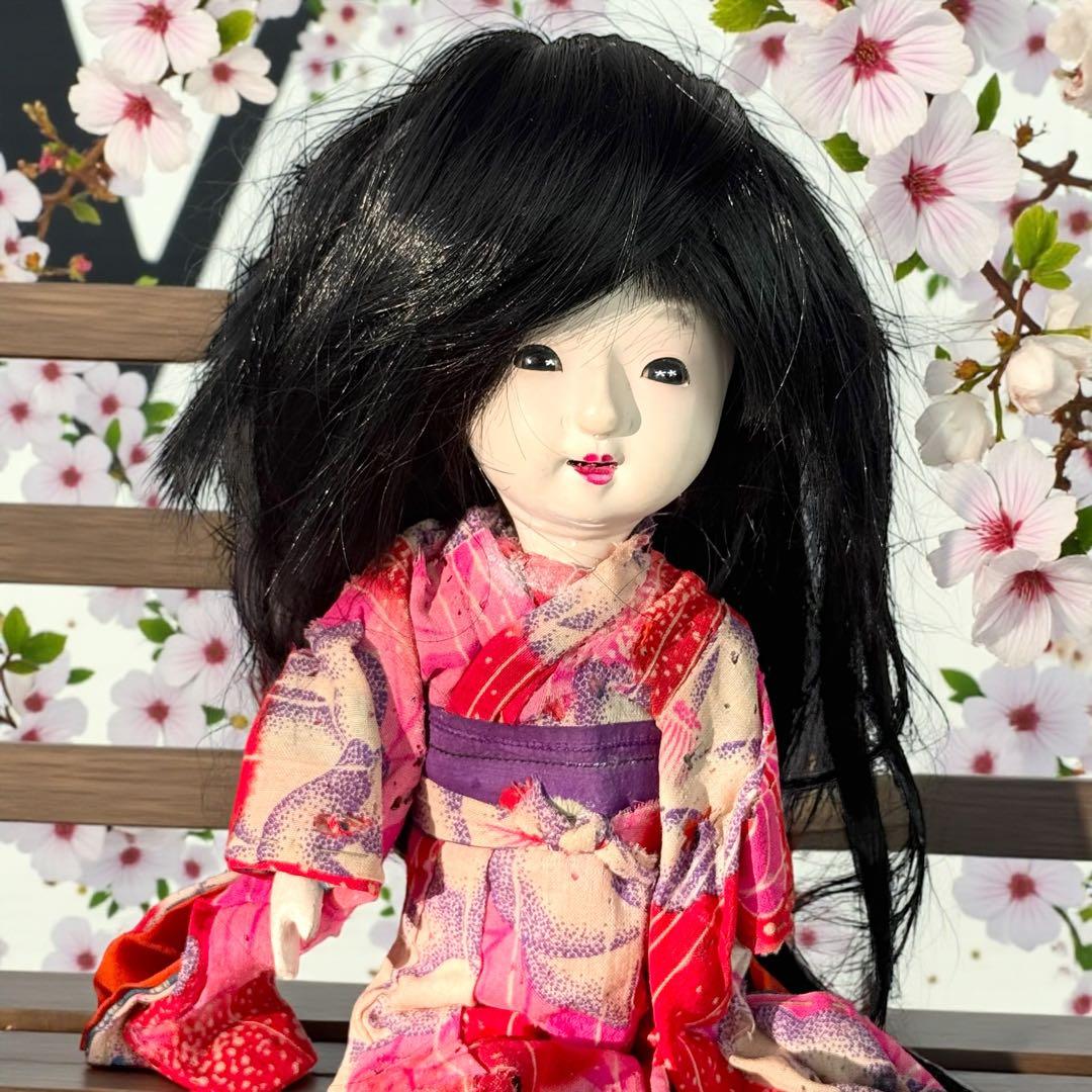 市松人形 明治後期 市印 朱印 三つ折れ 単色黒目 ガラス目 縮緬 着物 伝統工