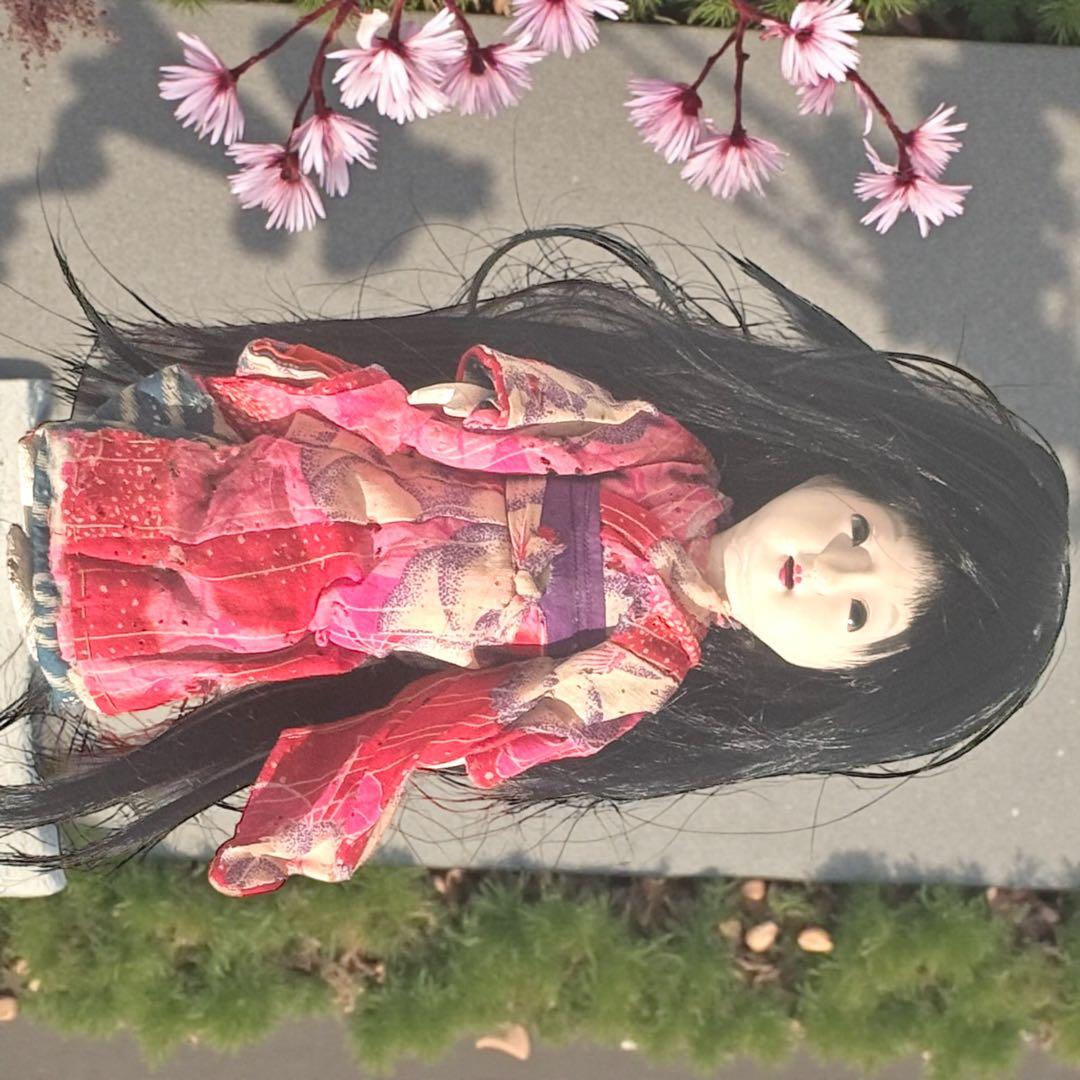 市松人形 明治後期 市印 朱印 三つ折れ 単色黒目 ガラス目 縮緬 着物 伝統工