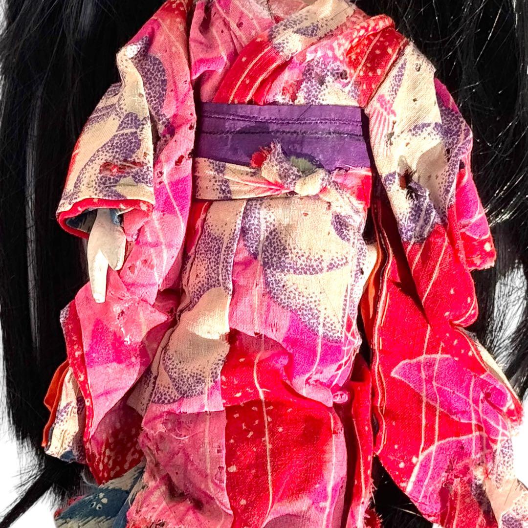 市松人形 明治後期 市印 朱印 三つ折れ 単色黒目 ガラス目 縮緬 着物 伝統工