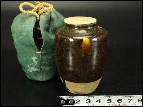 茶道具 唐物 肩衝茶入 纏蓮花裂 鹿角蓋 仕服(RC942)