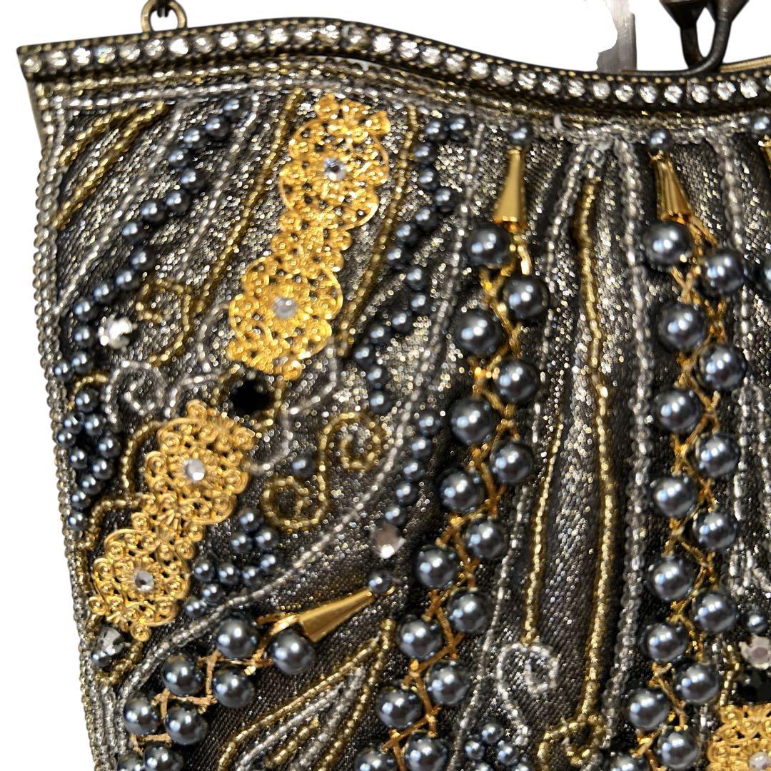 ビーズバッグ パーティバッグ がま口 チェーン ゴールド×ブラック 和装バッグ