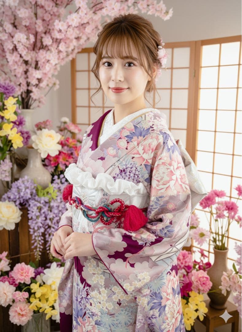正絹振袖フルセット　豪華　銀彩　袋帯刺繍　紫色とピンク色　牡丹成人式