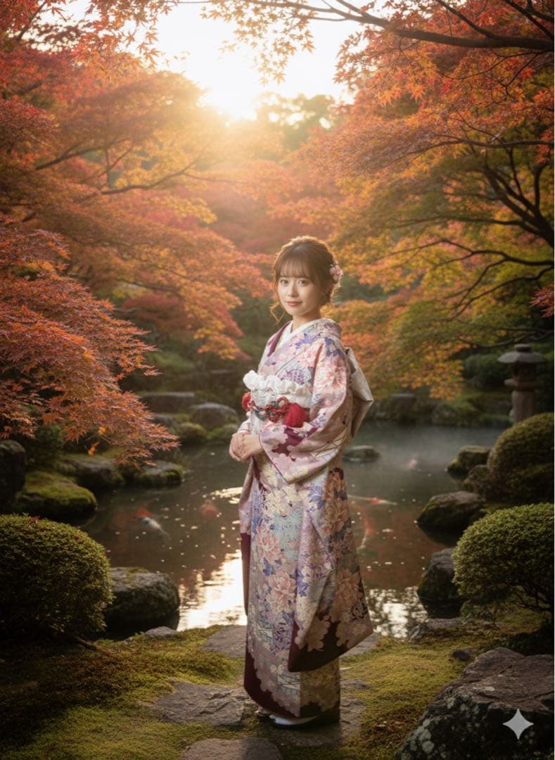 正絹振袖フルセット　豪華　銀彩　袋帯刺繍　紫色とピンク色　牡丹成人式