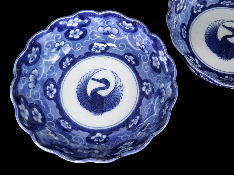 古伊万里　染付　墨弾き　梅花に舞鶴紋の図　膾皿　２客　E520AS-COd