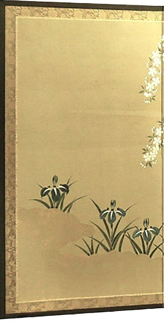 四つ折り屏風　日本画　絹本彩色　桜に雉