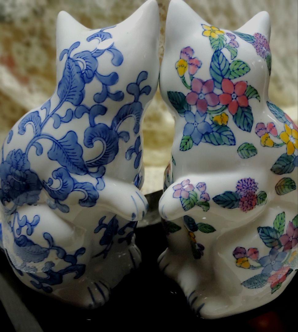 千客万来　開運招福　招き猫ペア　陶器　インテリア置物　縁起物