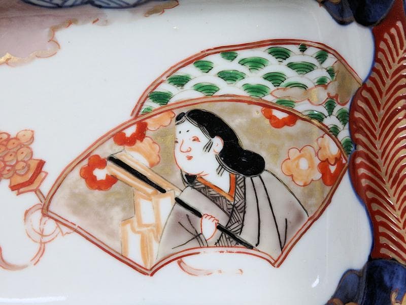 古伊万里　色絵　青海波にお福さんの図　角皿 ２客　C084AS-DAa