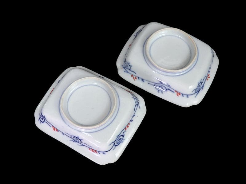 古伊万里　色絵　青海波にお福さんの図　角皿 ２客　C084AS-DAa