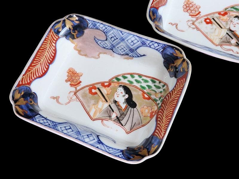 古伊万里　色絵　青海波にお福さんの図　角皿 ２客　C084AS-DAa