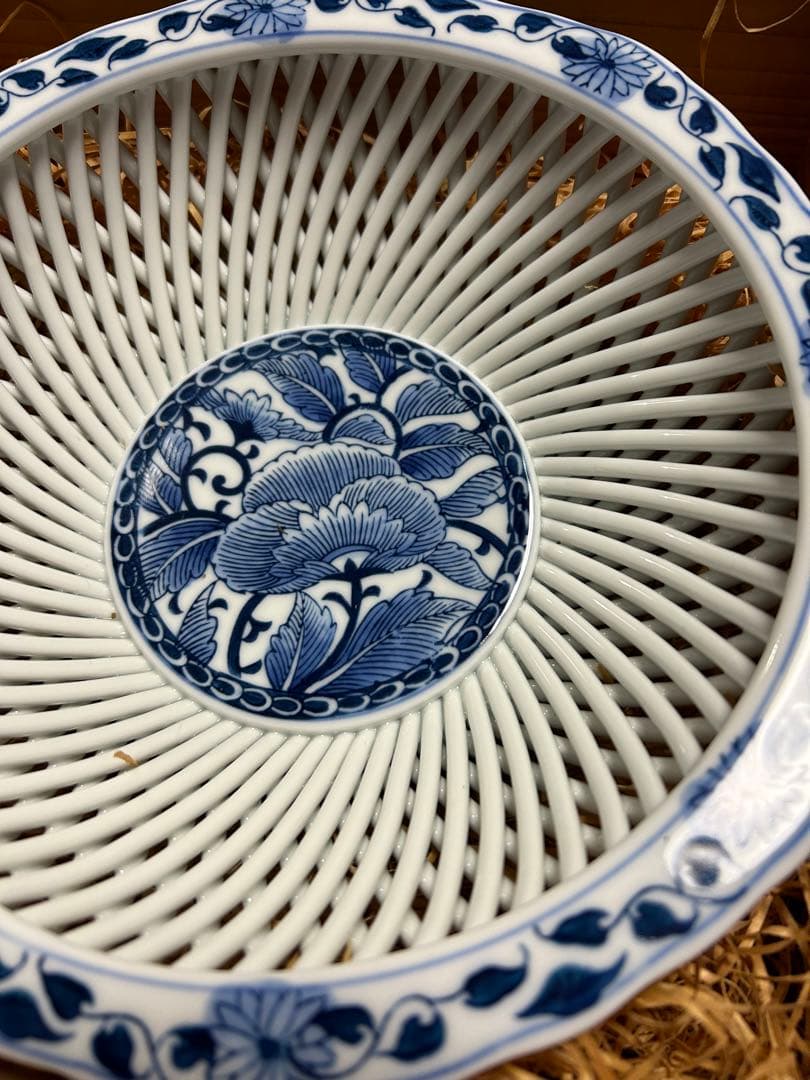 骨董　箱付き　網目菓子鉢　透し網み目　網目焼　琴峰作　年代物