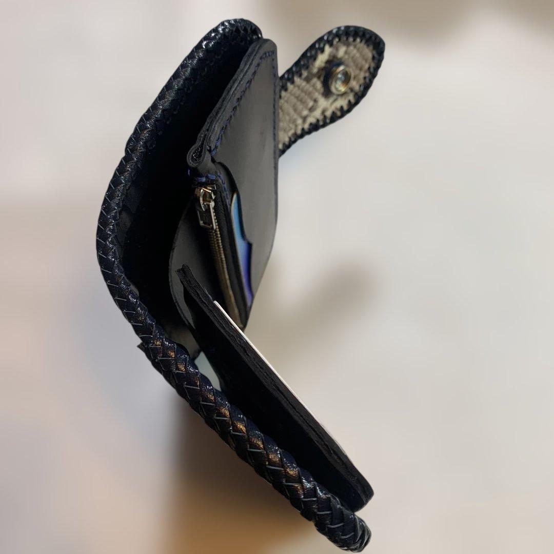 ハンドメイドレザークラフトダイヤモンドパイソンミドルウォレット牛レース編紺色