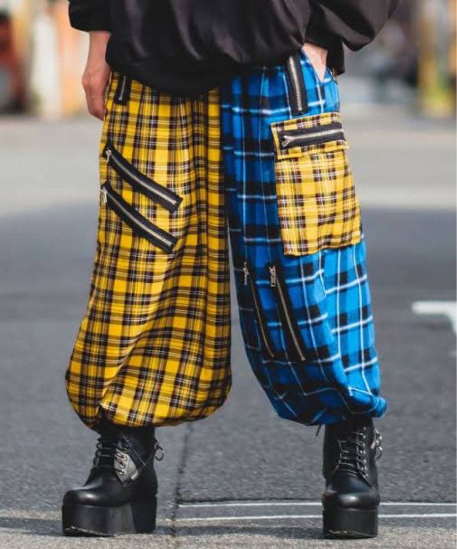 超パンクバルーンリブワイドパンツ -メガ ankoROCK 黄色×青 チェック