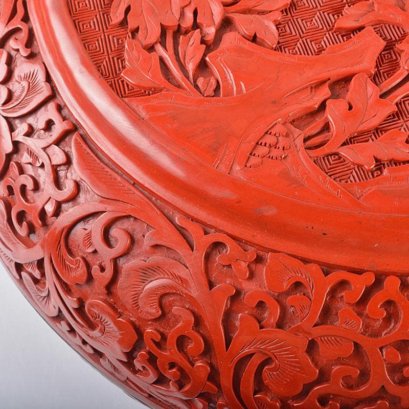 中国　剔紅　堆朱　内黒漆　花文　蓋物　G　R6246B