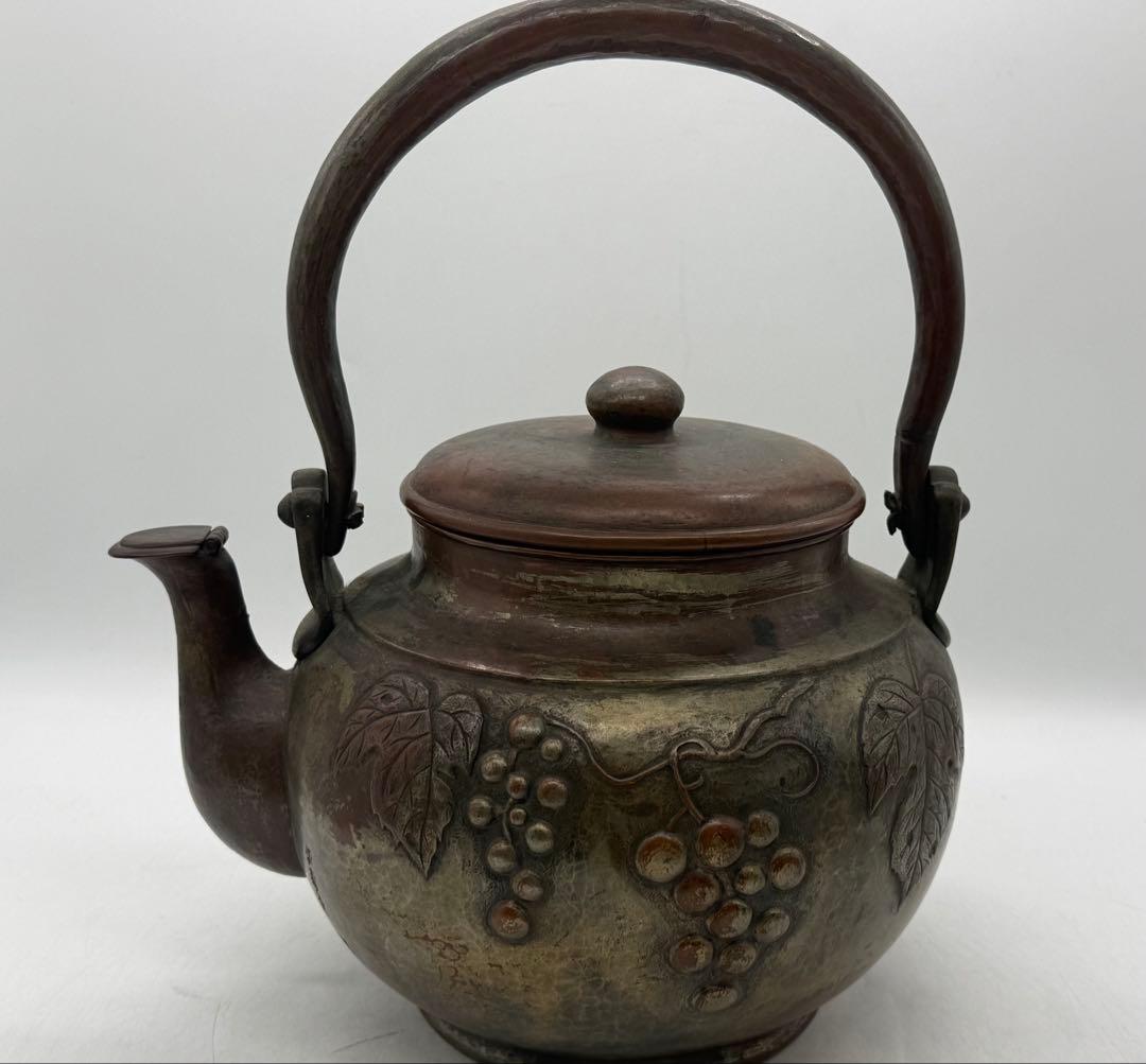 時代　銅製　水注　平寿堂製　鎚起葡萄紋　約2kg 茶道具　送料込み251219