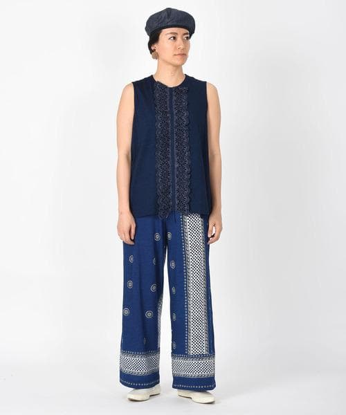 45R ハケ目カットワーク×天竺のキャミソール（インディゴ）.