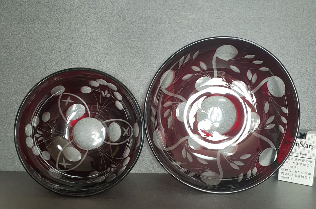時代物　古硝子　赤被せガラス　切子　ボウル　鉢　2点　【昭和レトロ】No.3