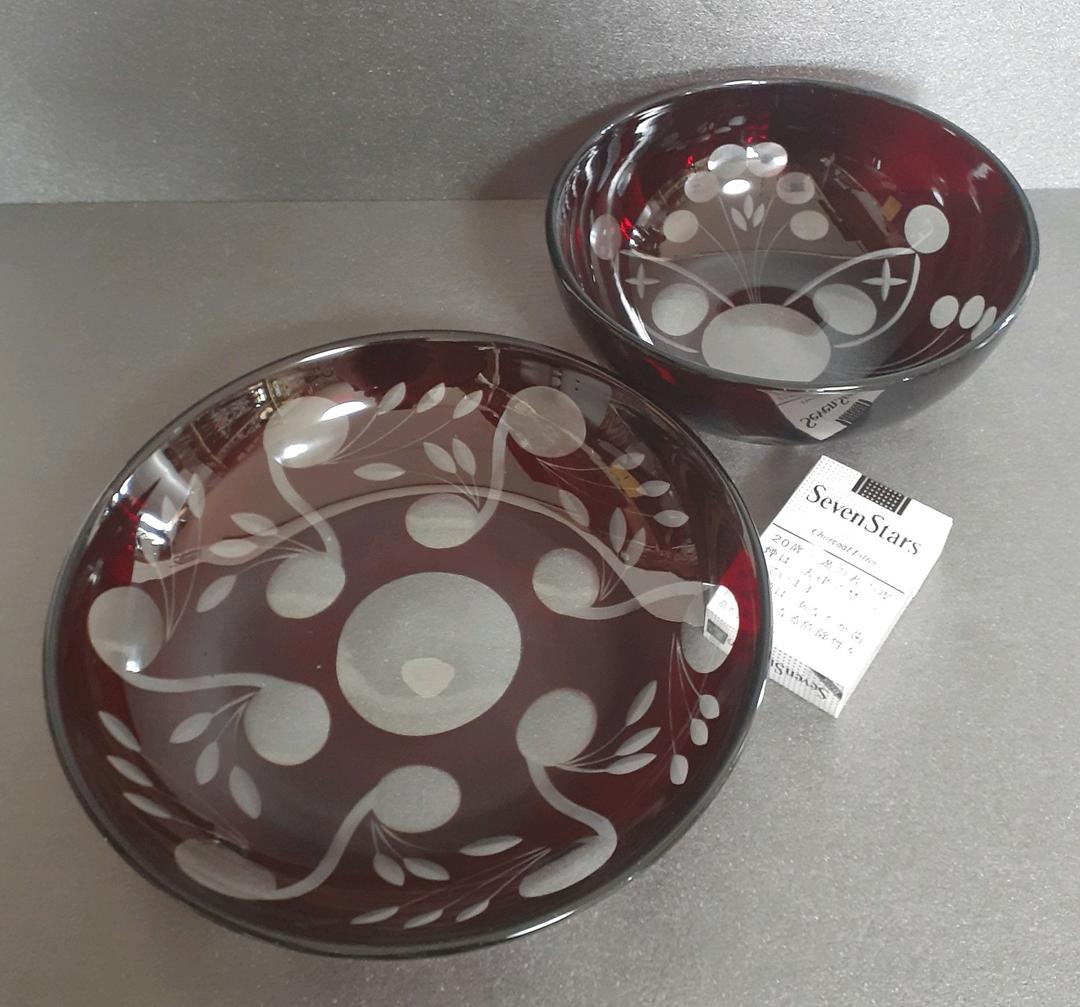 時代物　古硝子　赤被せガラス　切子　ボウル　鉢　2点　【昭和レトロ】No.3