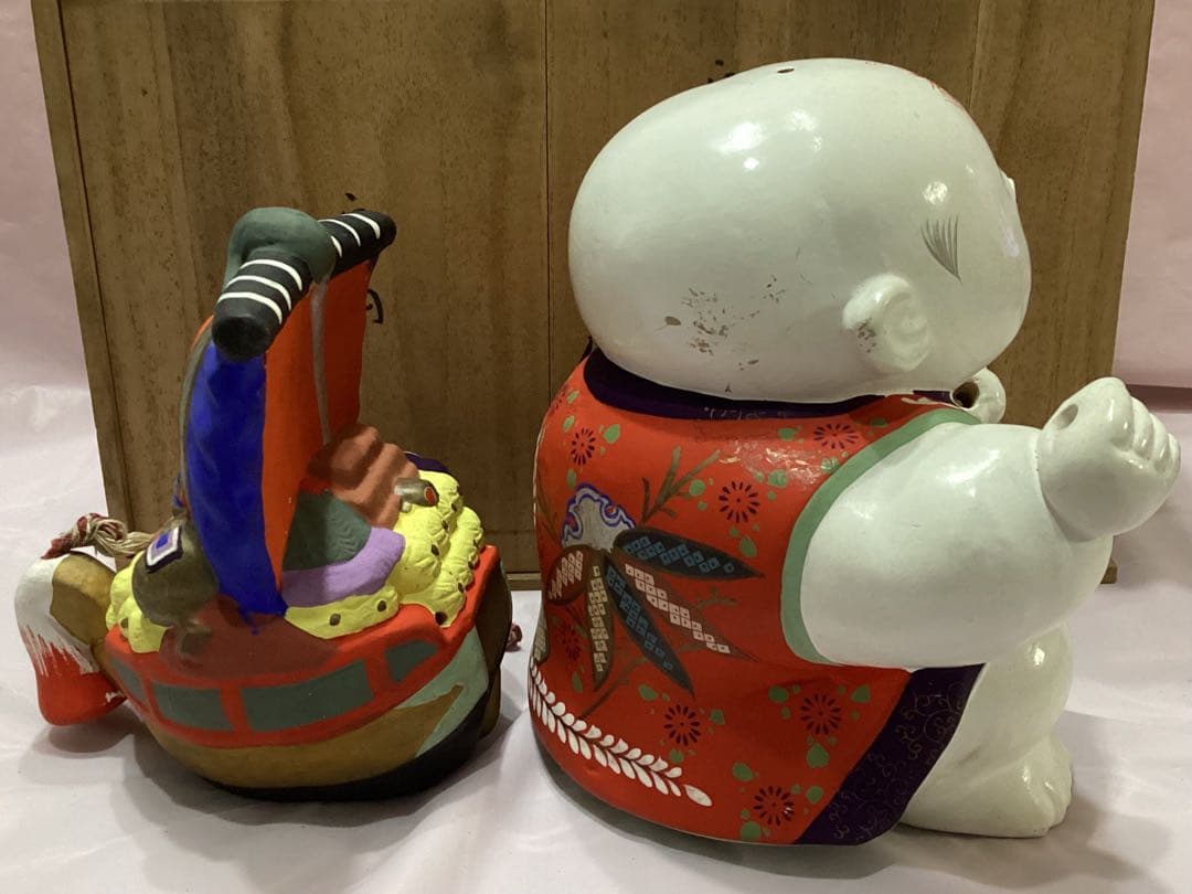 御所人形 船曳　縁起物　大型サイズ　有泉作　共箱付き　陶器製 伝統的工芸品
