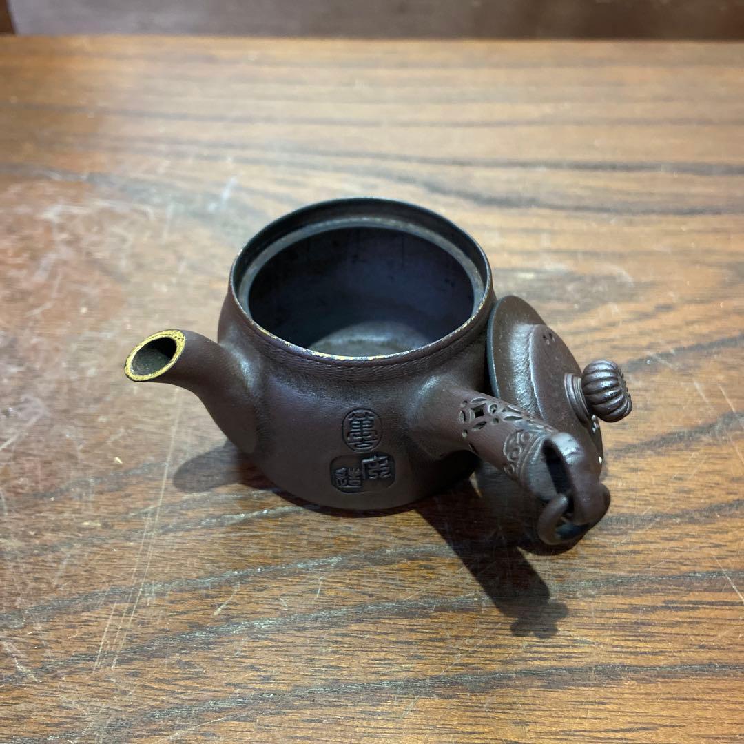 庄造作萬古焼朱泥金彩色絵草花文急須 煎茶道具