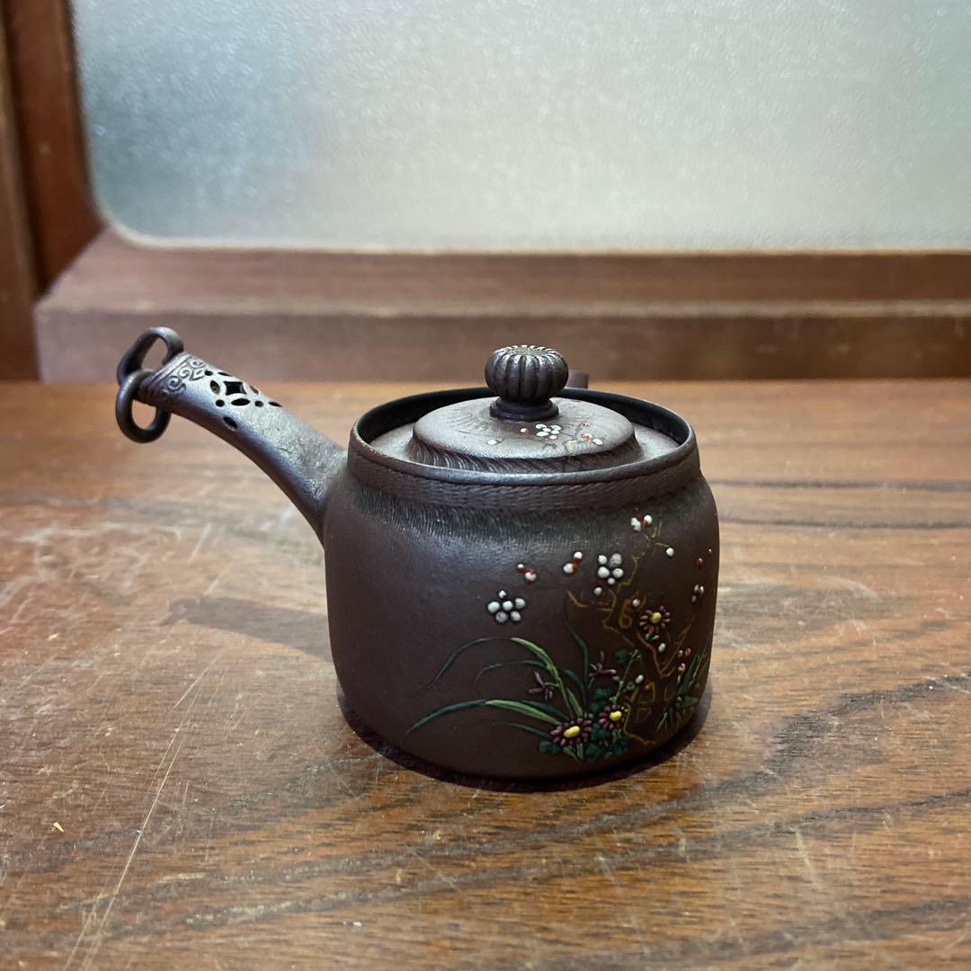 庄造作萬古焼朱泥金彩色絵草花文急須 煎茶道具
