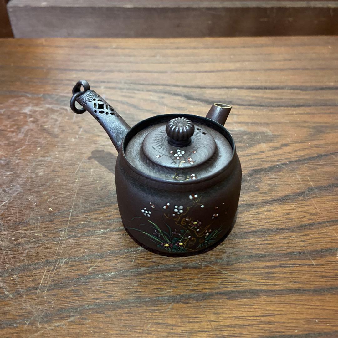 庄造作萬古焼朱泥金彩色絵草花文急須 煎茶道具
