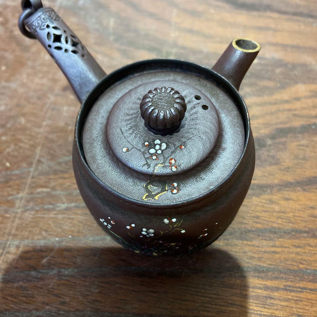 庄造作萬古焼朱泥金彩色絵草花文急須 煎茶道具