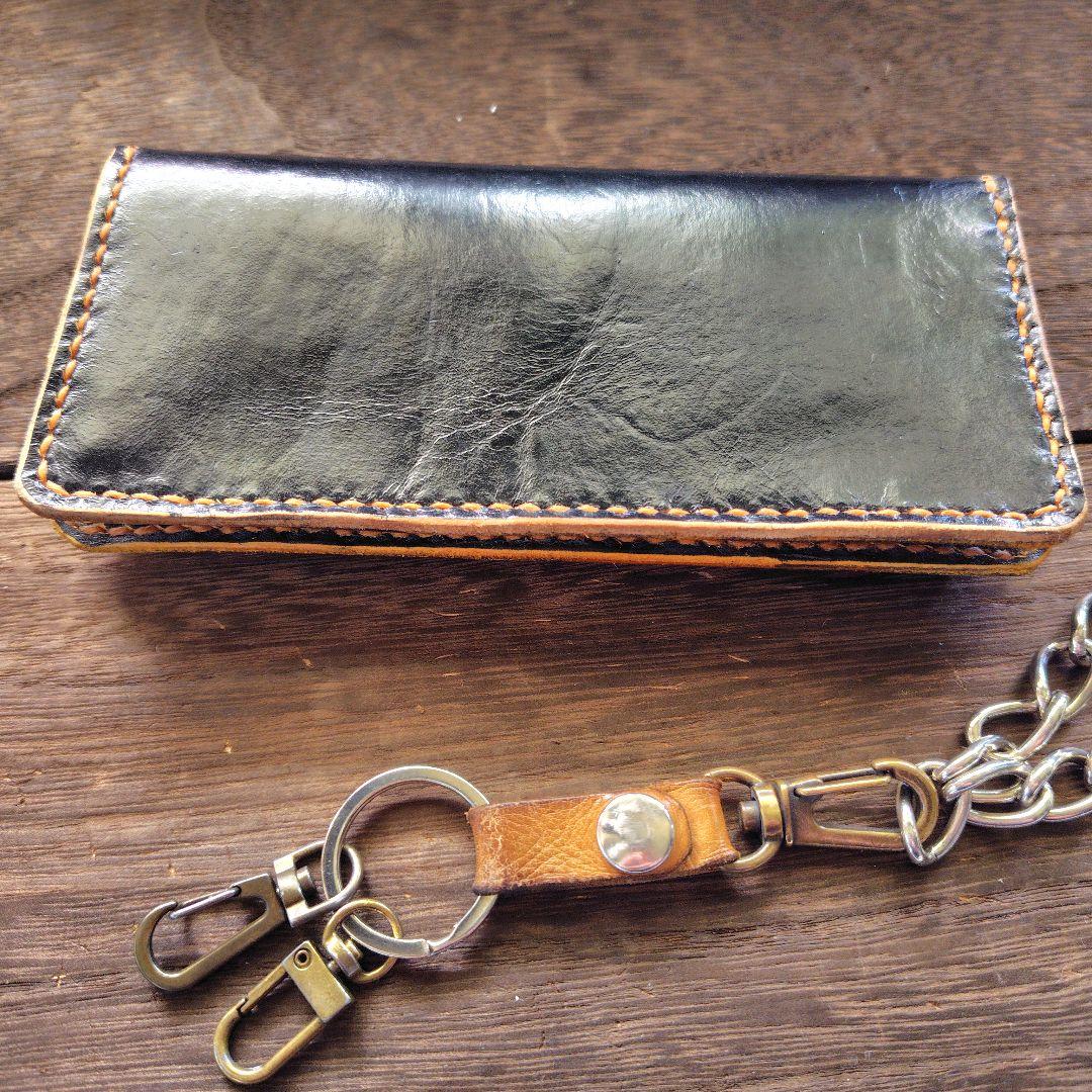 トラッカーウォレット ロング 黒×茶 手染め(79)