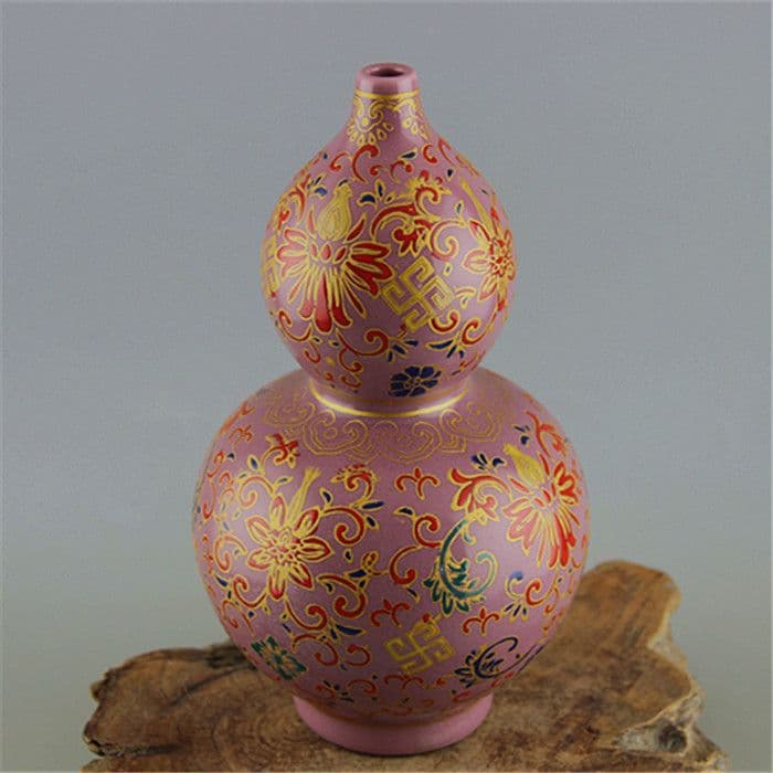 花柄の瓢簞は臙脂紅釉の琺瑯色 工芸品 美術品 置物