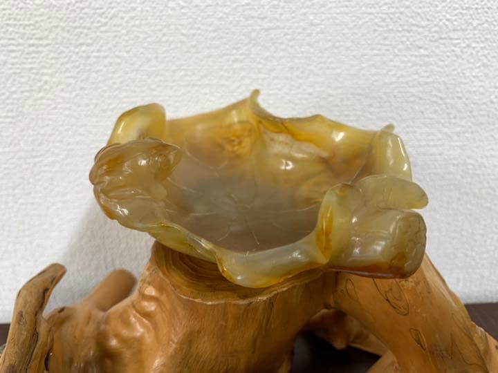 【希少品】文房具　清時代瑪瑙蓮の葉水盂 天然瑪瑙；共箱、共布 BL4-99