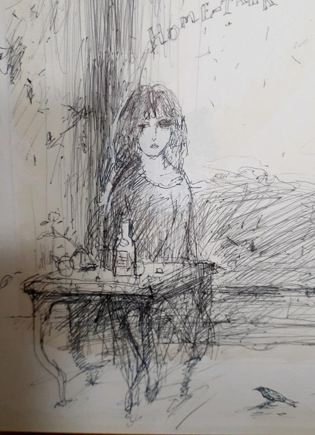 作者不明　ボールペンイラスト　女性と鳥と掛け時計の図　肉筆　SM　額装