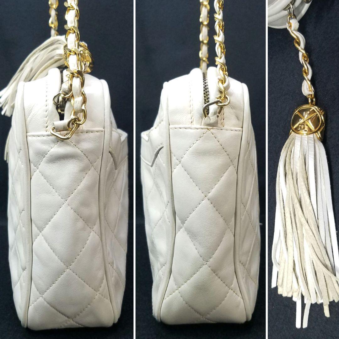 シャネル チェーン ショルダーバッグ フリンジ キルティング オフホワイト系