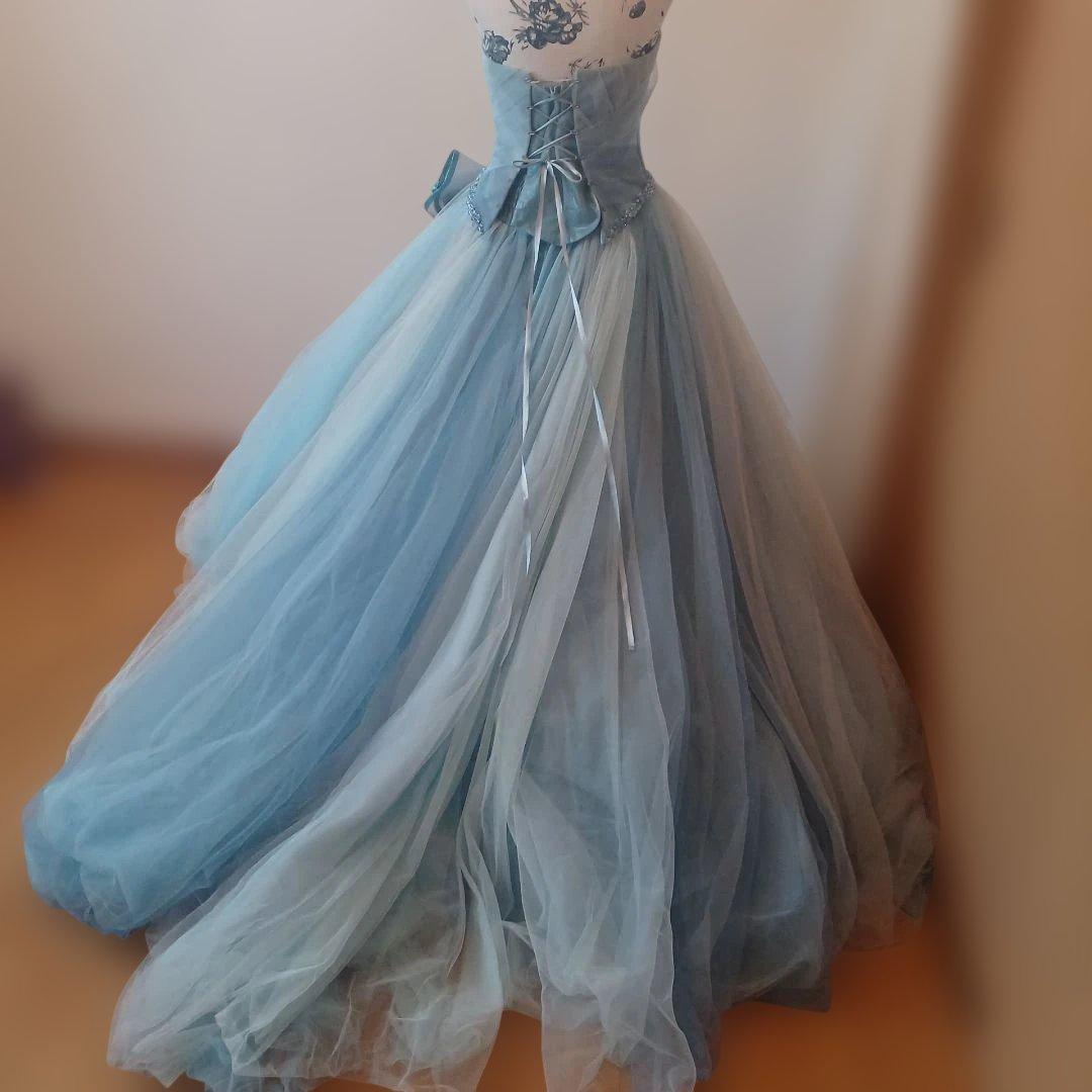 7～11号　編み上げ水色 ストラップレス チュールドレス
