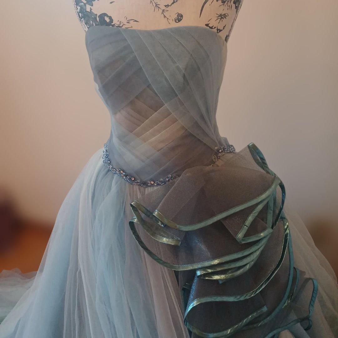 7～11号　編み上げ水色 ストラップレス チュールドレス