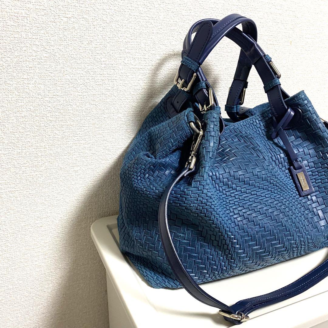 【ほぼ新品】 かねまつ メッシュ ショルダーバッグ ブルー 2way イタリア製