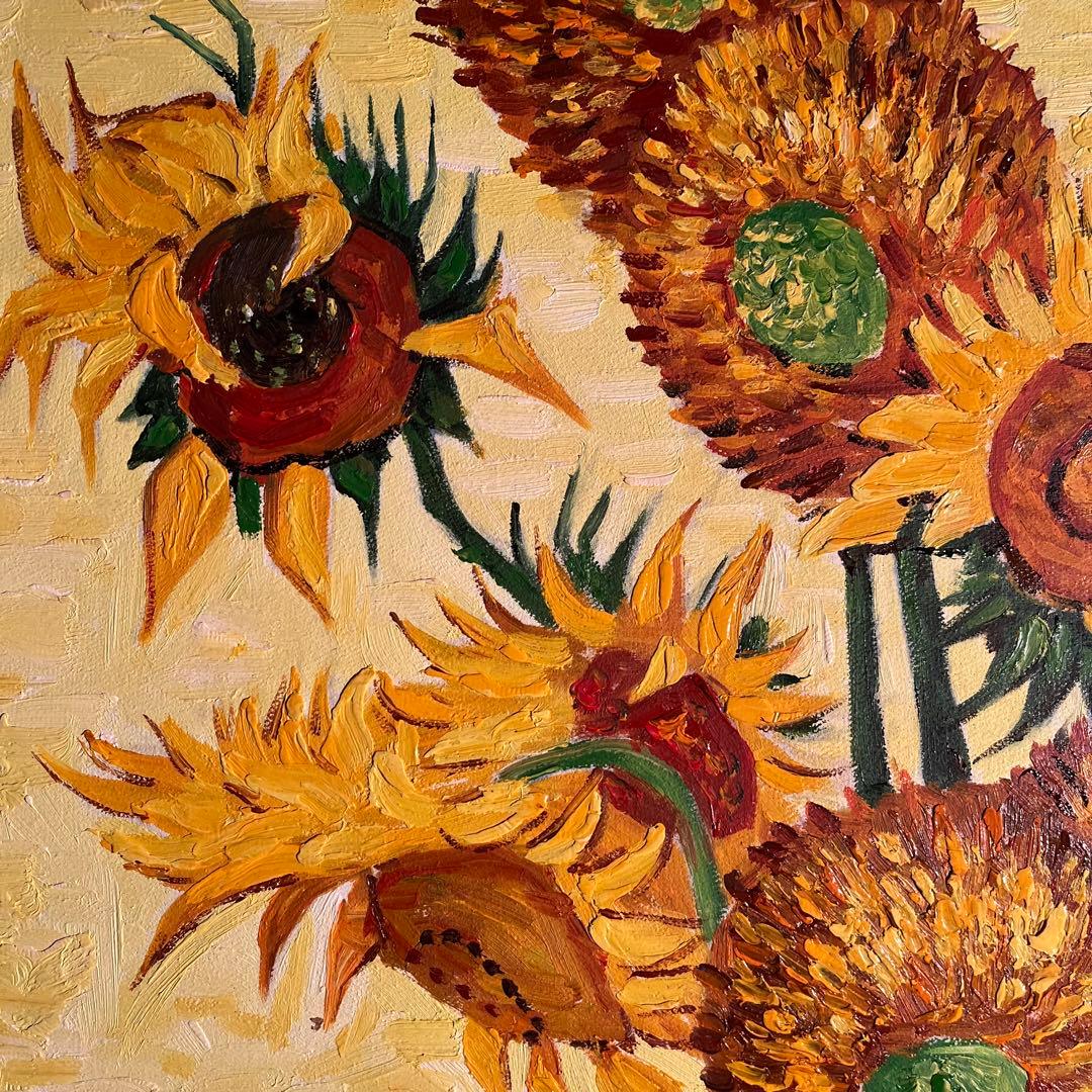 ★特大秀作★手描き油絵 ゴッホ ひまわり 額付 肉筆絵画 インテリア 油彩画