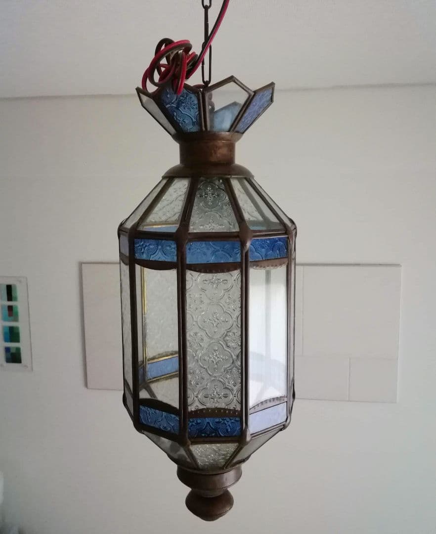 照明　ペンダントライト　型板硝子　真鍮　ステンドグラス　アンティーク　バリ島