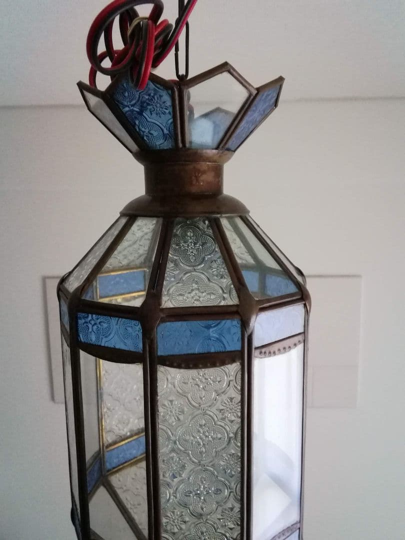 照明　ペンダントライト　型板硝子　真鍮　ステンドグラス　アンティーク　バリ島