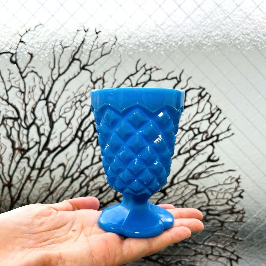 骨董　時代ガラス　希少練りガラス　花底　ダイヤ柄　筒型　氷コップ　ゴブレット１客