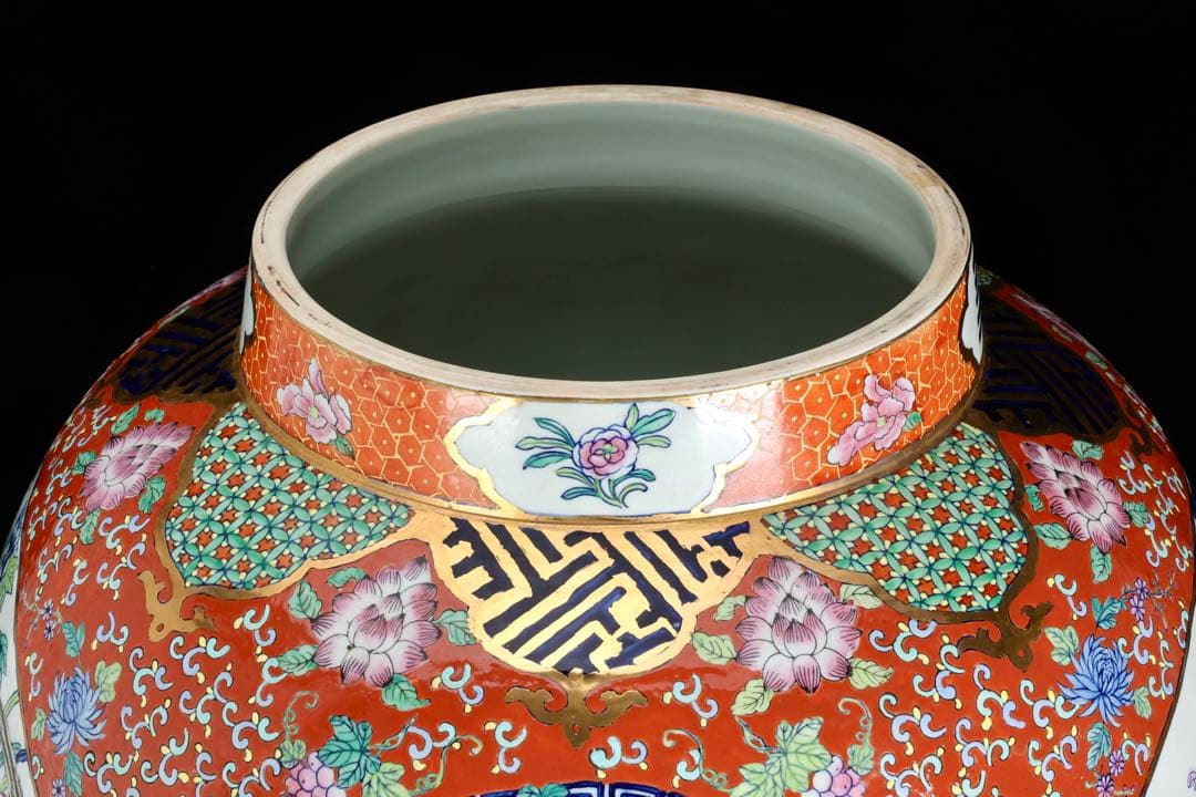 有田焼 染錦窓絵花鳥尽之図 獅子摘蓋付 沈香壺 特大99㎝ 飾壺 古美術 骨董品