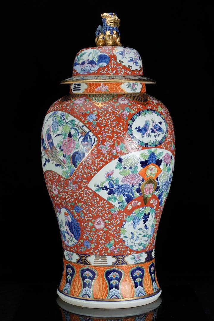 有田焼 染錦窓絵花鳥尽之図 獅子摘蓋付 沈香壺 特大99㎝ 飾壺 古美術 骨董品