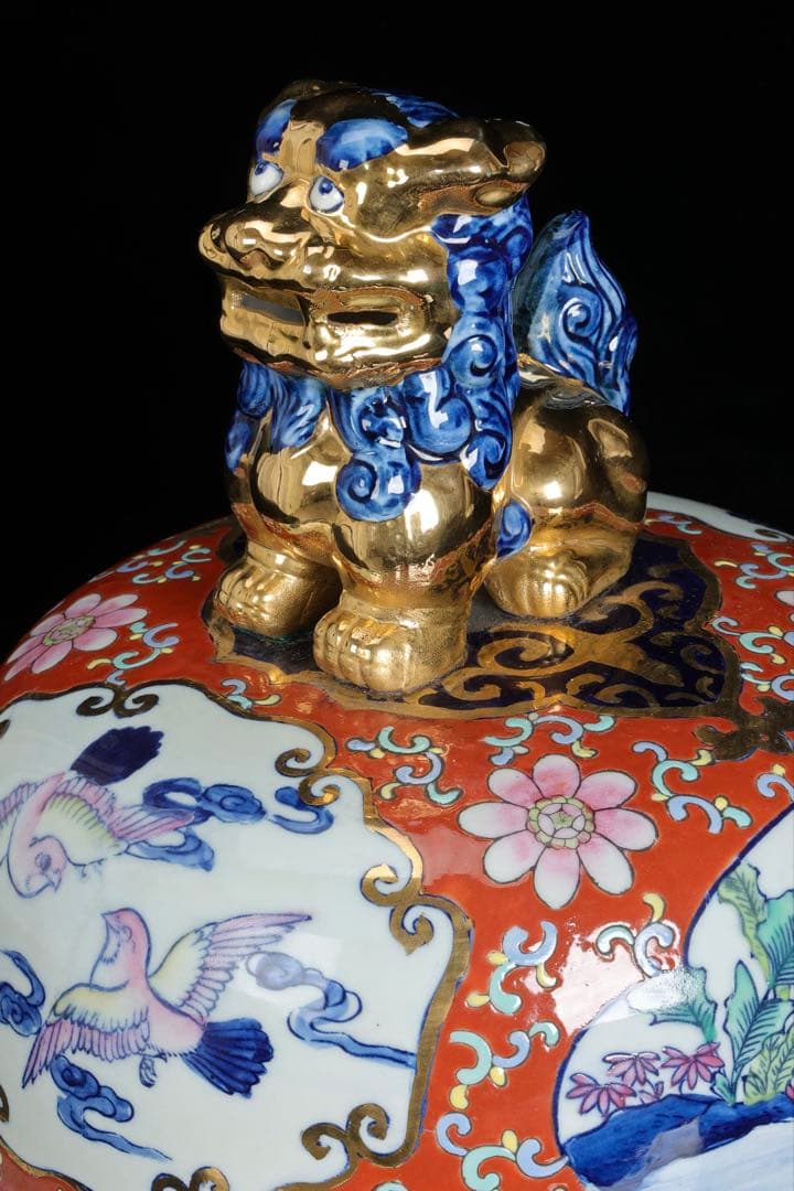 有田焼 染錦窓絵花鳥尽之図 獅子摘蓋付 沈香壺 特大99㎝ 飾壺 古美術 骨董品