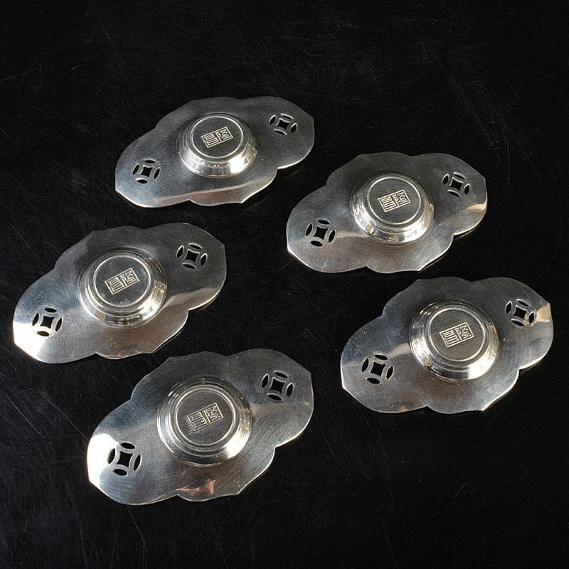 隆昌造　純錫　木瓜式　七宝透　茶托　五客　合計約292g　共箱　V　R7381