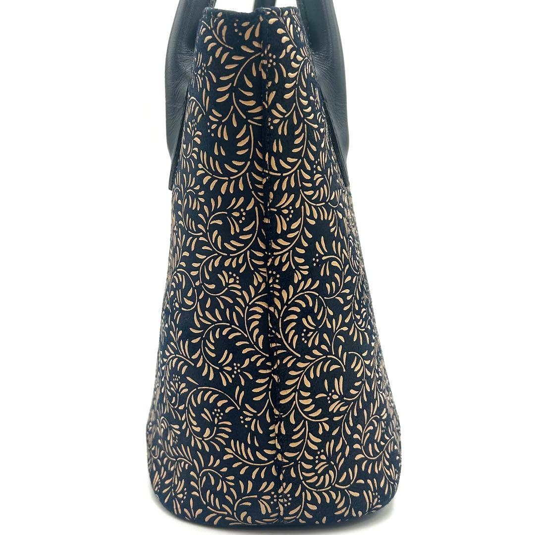 【美品】 印傳屋 インデンヤ ハンドバッグ 唐草模様 ネイビー 甲州印伝