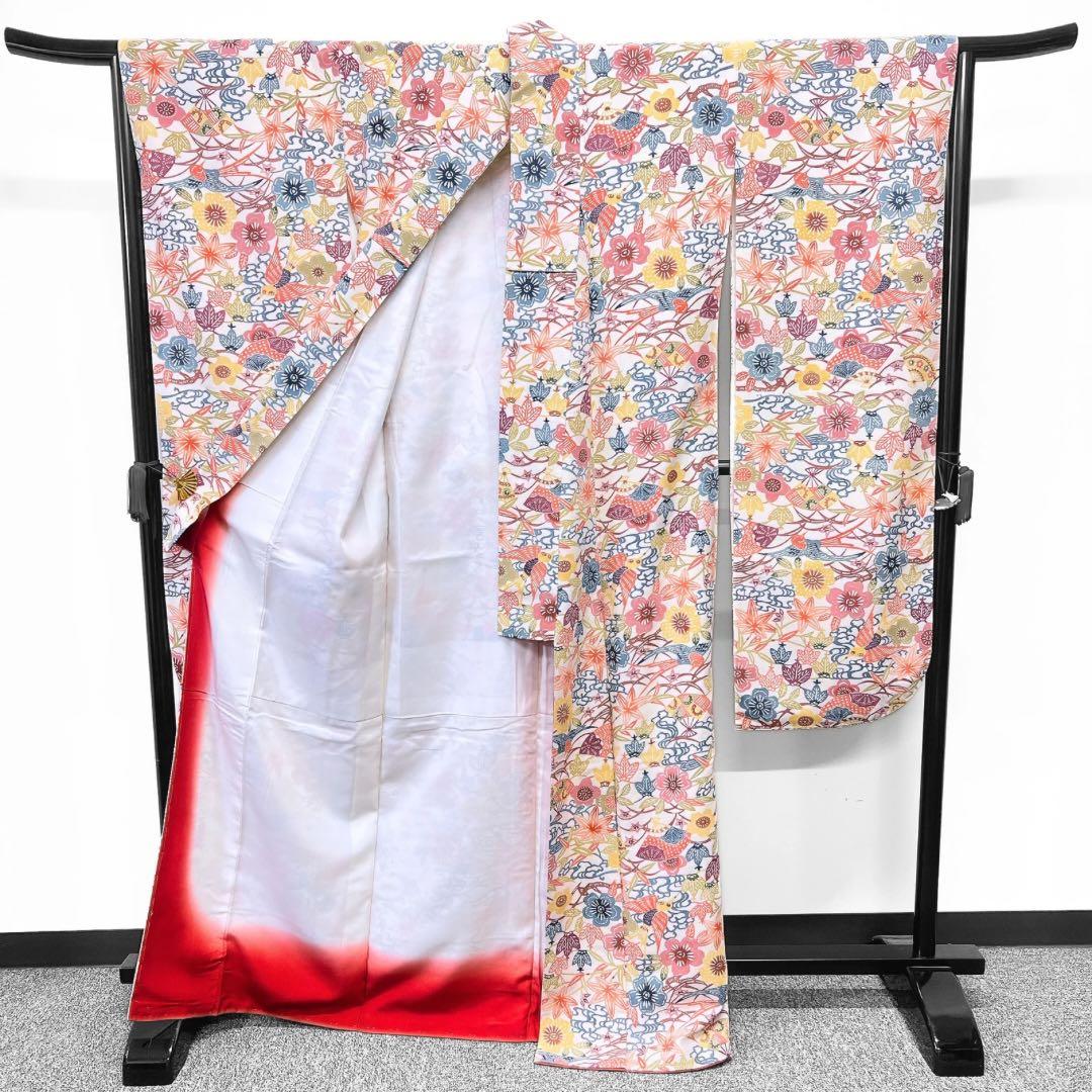 白地　型染め　流水　扇　花模様　鳥　振袖　034w