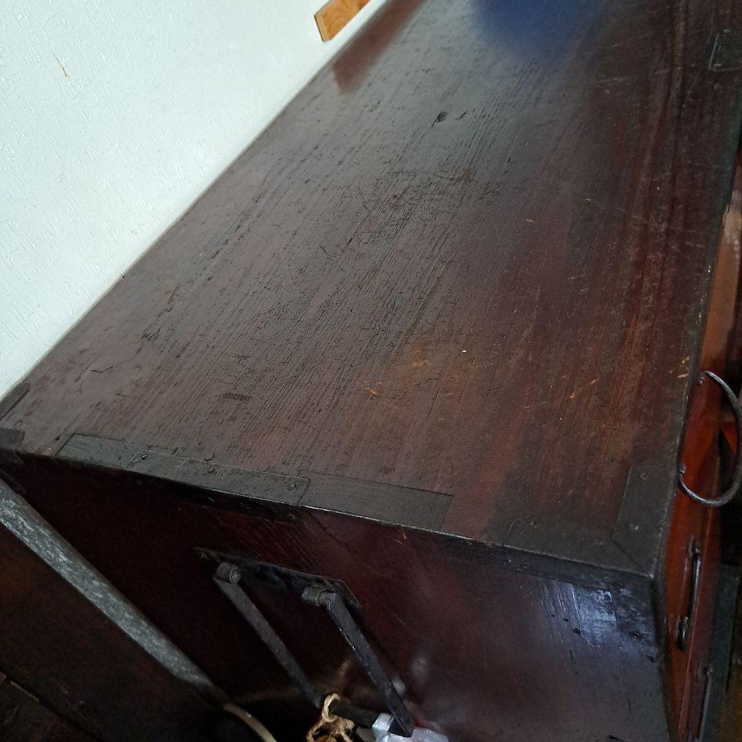 明治時代箪笥　珍品時代鍵付　欅箪笥　四段　金庫引出二段　時代金具　隅に金具止