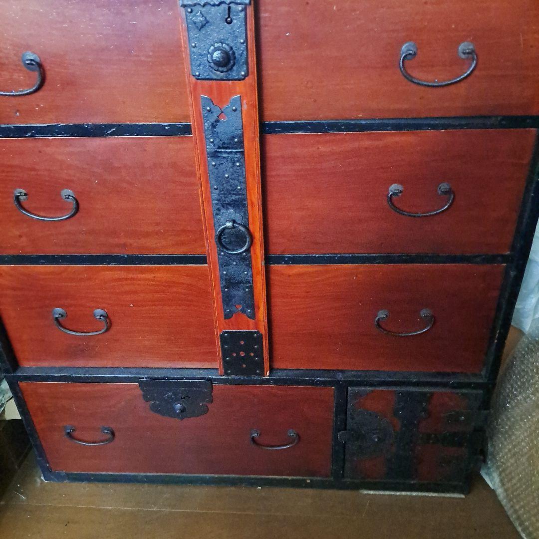 明治時代箪笥　珍品時代鍵付　欅箪笥　四段　金庫引出二段　時代金具　隅に金具止