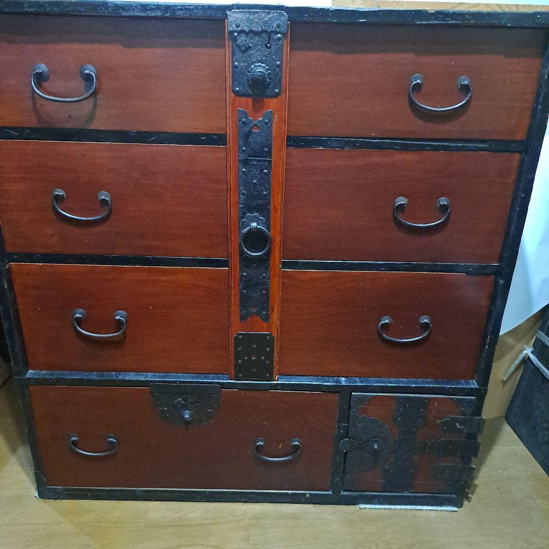 明治時代箪笥　珍品時代鍵付　欅箪笥　四段　金庫引出二段　時代金具　隅に金具止