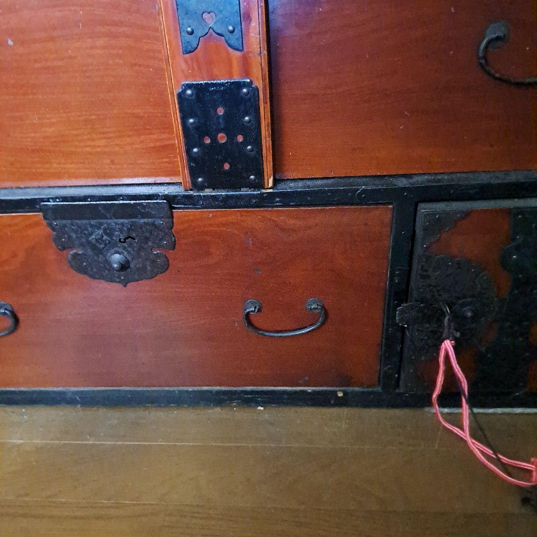明治時代箪笥　珍品時代鍵付　欅箪笥　四段　金庫引出二段　時代金具　隅に金具止
