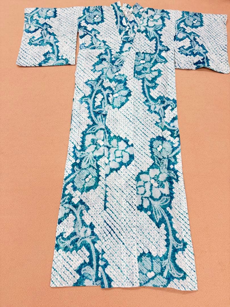 有松絞り青緑系花柄浴衣(美品)