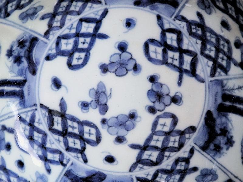 古伊万里　染付　七宝紋に梅の図　膾皿　５客　381AS-CAv